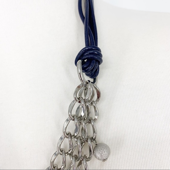 VT Luxe Blue Leather Silver Chain Multi Strand Necklace Teal Crystal Statement - Picture 3 of 6